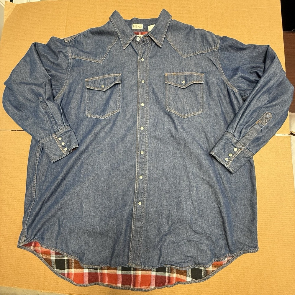 3XL Ely Cattleman Cotton Denim Plaid Flannel Top Pearl Snap Jean Jacket Men
